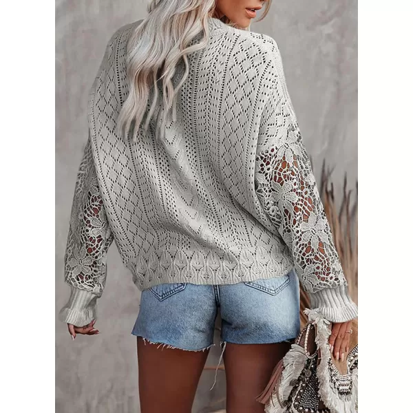 Dokotoo Crochet Lace V Neck Long Sleeve Hollow Out Cable Knit Cardigan for Women Sweaters Tops