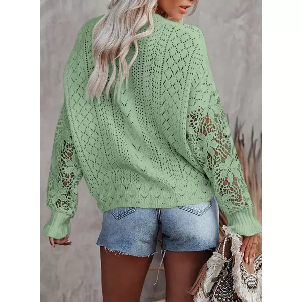 Dokotoo Crochet Lace V Neck Long Sleeve Hollow Out Cable Knit Cardigan for Women Sweaters Tops