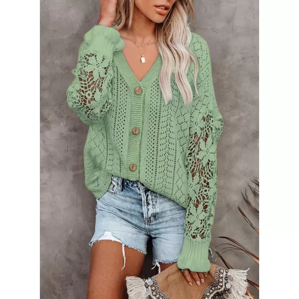 Dokotoo Crochet Lace V Neck Long Sleeve Hollow Out Cable Knit Cardigan for Women Sweaters Tops