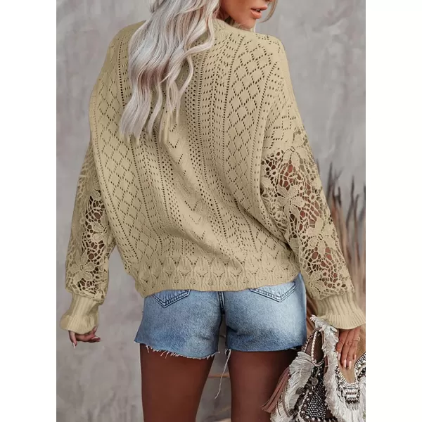 Dokotoo Crochet Lace V Neck Long Sleeve Hollow Out Cable Knit Cardigan for Women Sweaters Tops