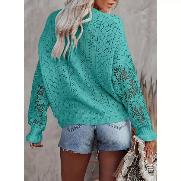 Dokotoo Crochet Lace V Neck Long Sleeve Hollow Out Cable Knit Cardigan for Women Sweaters Tops