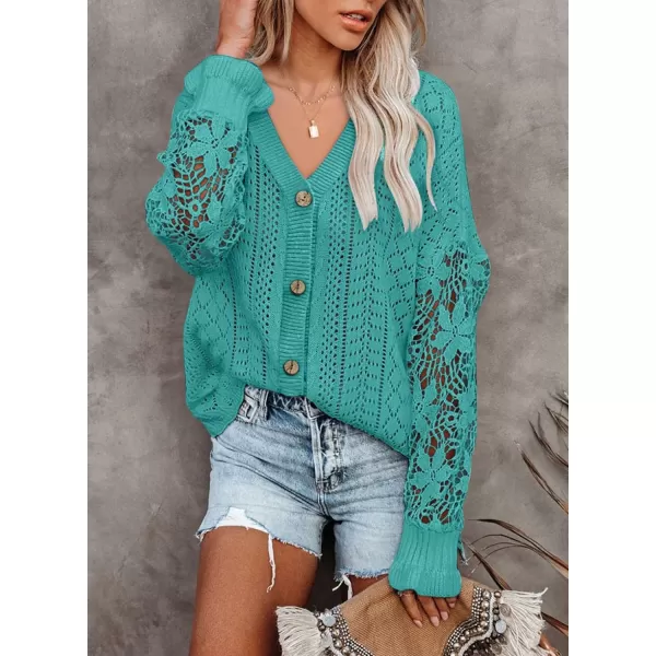 Dokotoo Crochet Lace V Neck Long Sleeve Hollow Out Cable Knit Cardigan for Women Sweaters Tops