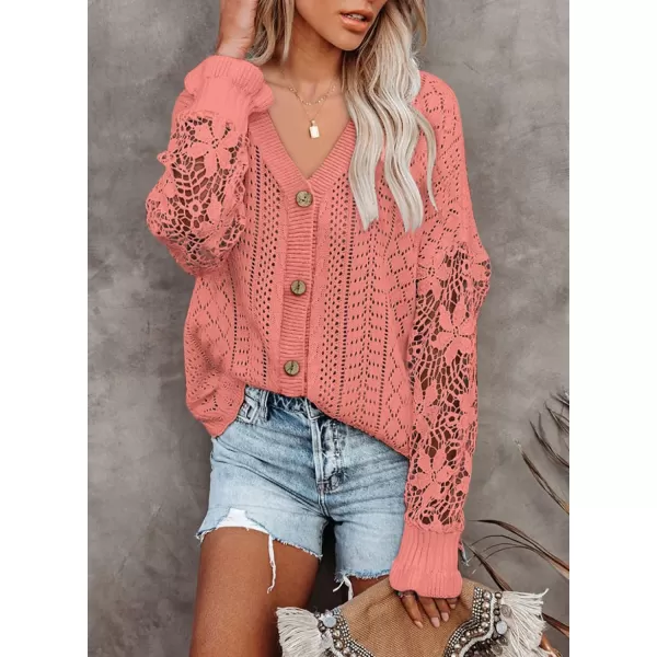 Dokotoo Crochet Lace V Neck Long Sleeve Hollow Out Cable Knit Cardigan for Women Sweaters Tops