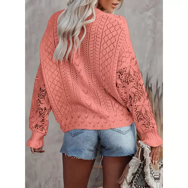 Dokotoo Crochet Lace V Neck Long Sleeve Hollow Out Cable Knit Cardigan for Women Sweaters Tops