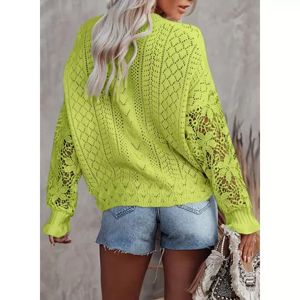 Dokotoo Crochet Lace V Neck Long Sleeve Hollow Out Cable Knit Cardigan for Women Sweaters Tops