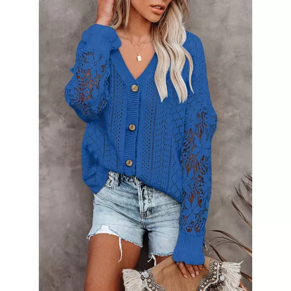 Dokotoo Crochet Lace V Neck Long Sleeve Hollow Out Cable Knit Cardigan for Women Sweaters Tops