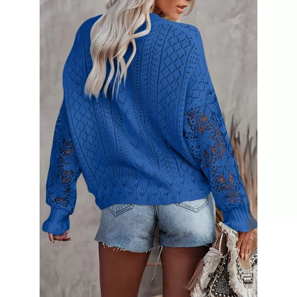 Dokotoo Crochet Lace V Neck Long Sleeve Hollow Out Cable Knit Cardigan for Women Sweaters Tops