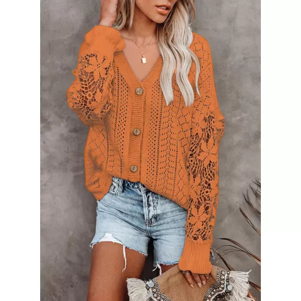 Dokotoo Crochet Lace V Neck Long Sleeve Hollow Out Cable Knit Cardigan for Women Sweaters Tops