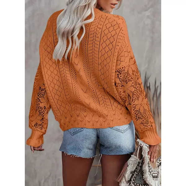 Dokotoo Crochet Lace V Neck Long Sleeve Hollow Out Cable Knit Cardigan for Women Sweaters Tops