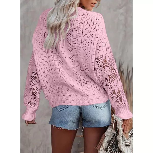 Dokotoo Crochet Lace V Neck Long Sleeve Hollow Out Cable Knit Cardigan for Women Sweaters Tops