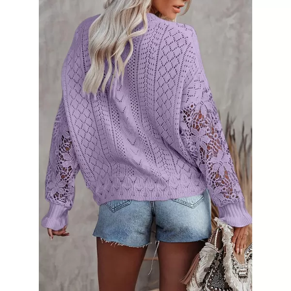 Dokotoo Crochet Lace V Neck Long Sleeve Hollow Out Cable Knit Cardigan for Women Sweaters Tops