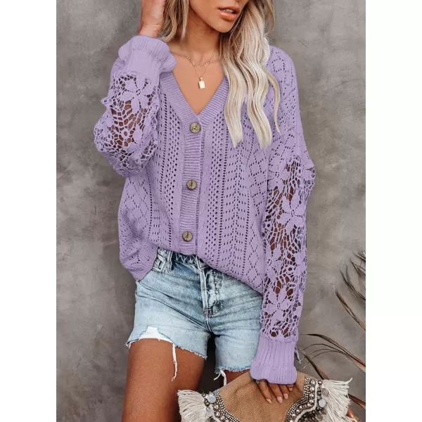 Dokotoo Crochet Lace V Neck Long Sleeve Hollow Out Cable Knit Cardigan for Women Sweaters Tops