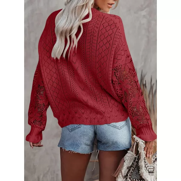 Dokotoo Crochet Lace V Neck Long Sleeve Hollow Out Cable Knit Cardigan for Women Sweaters Tops