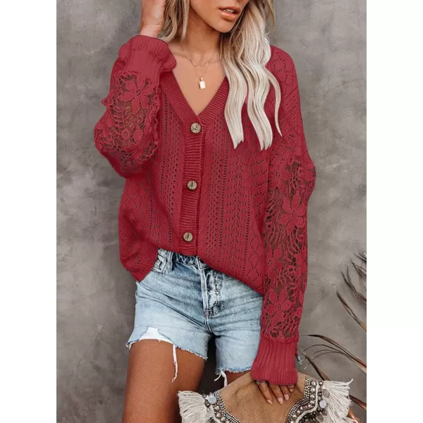 Dokotoo Crochet Lace V Neck Long Sleeve Hollow Out Cable Knit Cardigan for Women Sweaters Tops