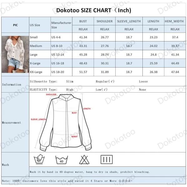 Dokotoo Crochet Lace V Neck Long Sleeve Hollow Out Cable Knit Cardigan for Women Sweaters Tops