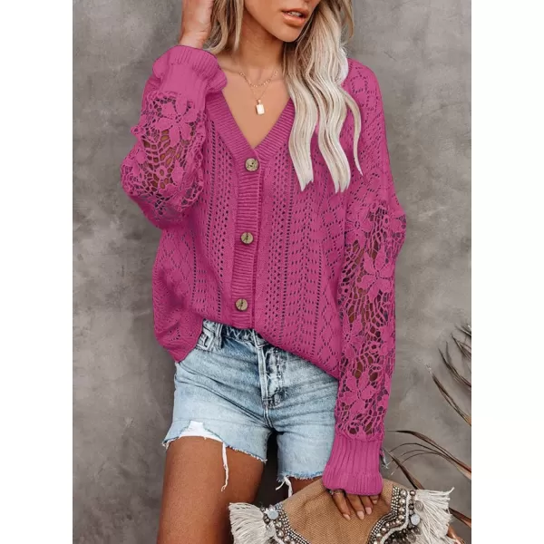 Dokotoo Crochet Lace V Neck Long Sleeve Hollow Out Cable Knit Cardigan for Women Sweaters Tops