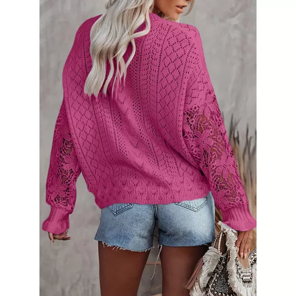 Dokotoo Crochet Lace V Neck Long Sleeve Hollow Out Cable Knit Cardigan for Women Sweaters Tops