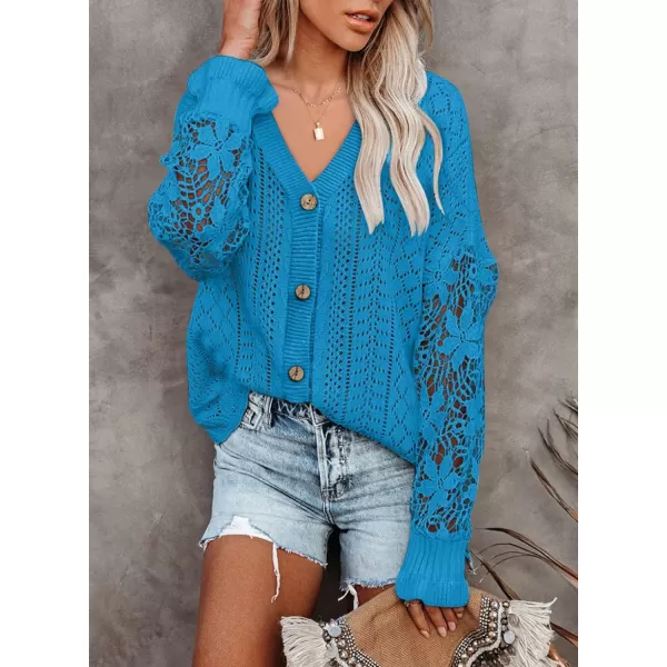 Dokotoo Crochet Lace V Neck Long Sleeve Hollow Out Cable Knit Cardigan for Women Sweaters Tops