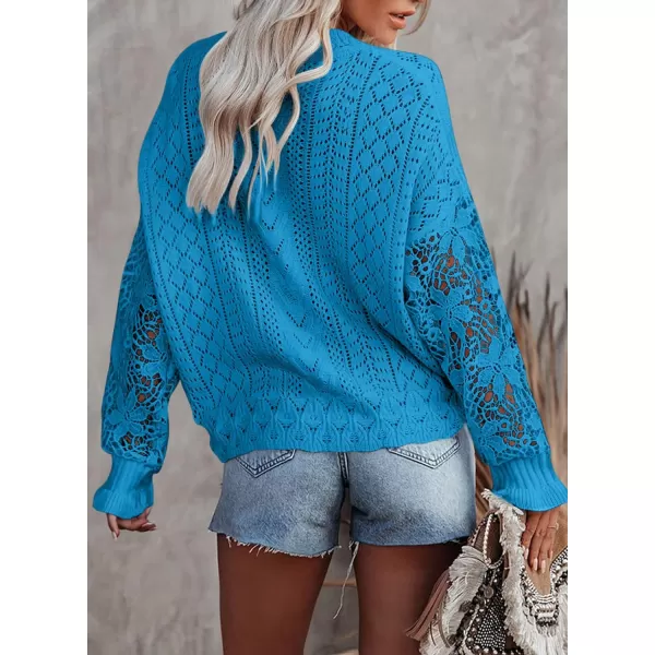 Dokotoo Crochet Lace V Neck Long Sleeve Hollow Out Cable Knit Cardigan for Women Sweaters Tops