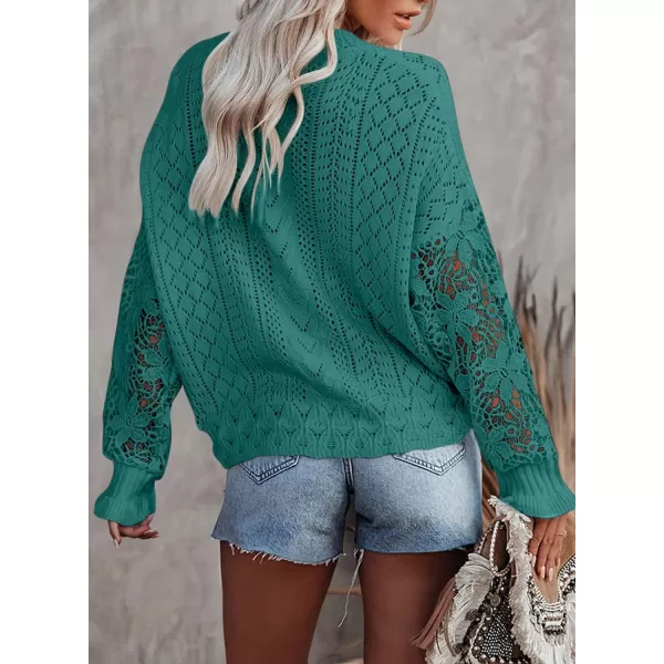 Dokotoo Crochet Lace V Neck Long Sleeve Hollow Out Cable Knit Cardigan for Women Sweaters Tops