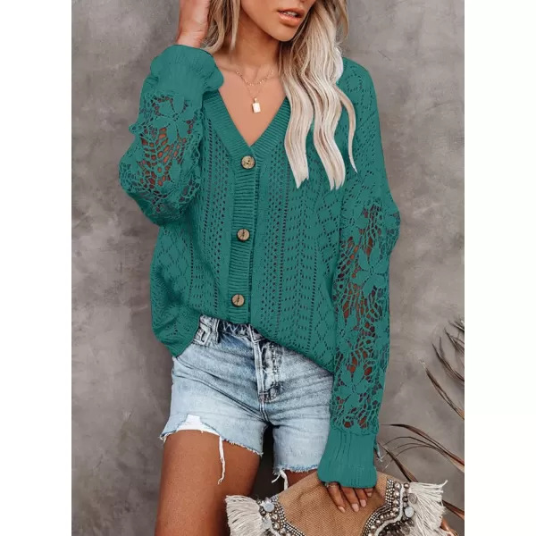 Dokotoo Crochet Lace V Neck Long Sleeve Hollow Out Cable Knit Cardigan for Women Sweaters Tops