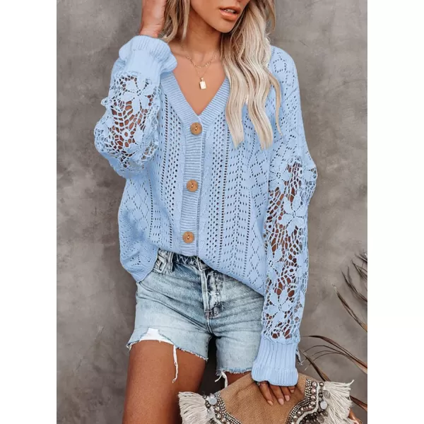 Dokotoo Crochet Lace V Neck Long Sleeve Hollow Out Cable Knit Cardigan for Women Sweaters Tops