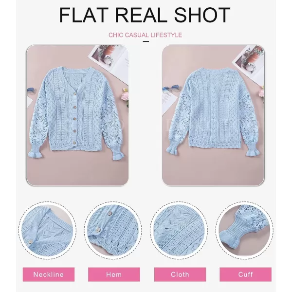 Dokotoo Crochet Lace V Neck Long Sleeve Hollow Out Cable Knit Cardigan for Women Sweaters Tops