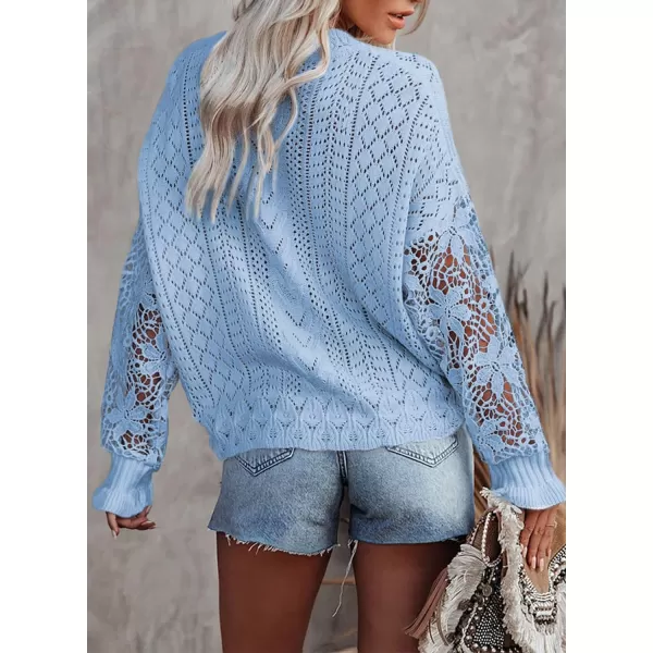 Dokotoo Crochet Lace V Neck Long Sleeve Hollow Out Cable Knit Cardigan for Women Sweaters Tops