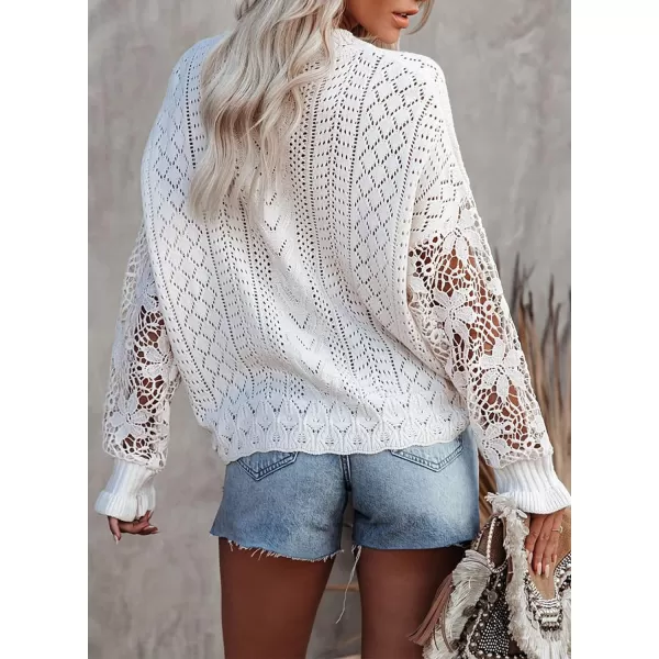 Dokotoo Crochet Lace V Neck Long Sleeve Hollow Out Cable Knit Cardigan for Women Sweaters Tops
