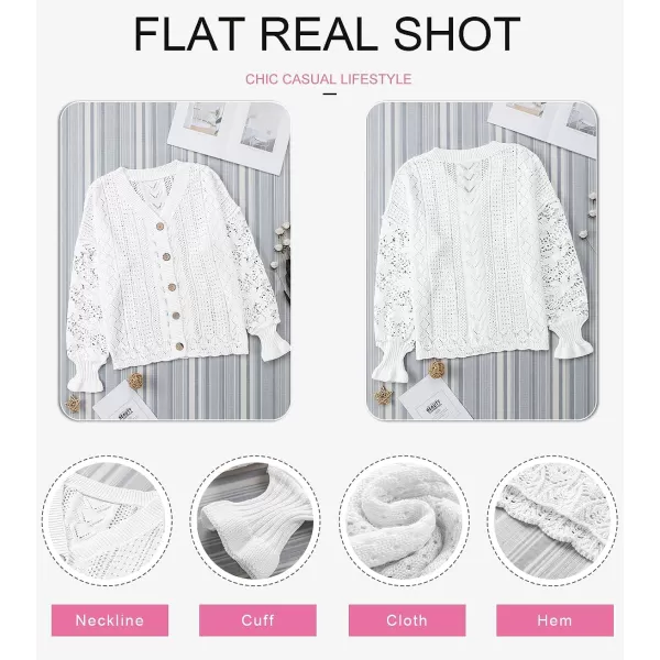 Dokotoo Crochet Lace V Neck Long Sleeve Hollow Out Cable Knit Cardigan for Women Sweaters Tops