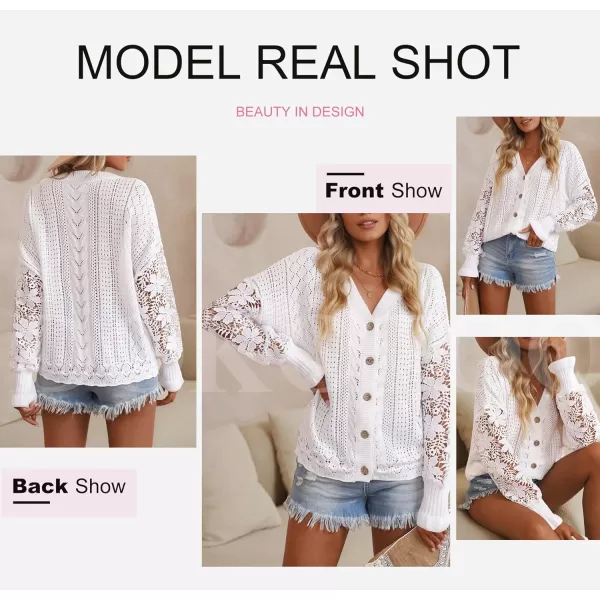 Dokotoo Crochet Lace V Neck Long Sleeve Hollow Out Cable Knit Cardigan for Women Sweaters Tops