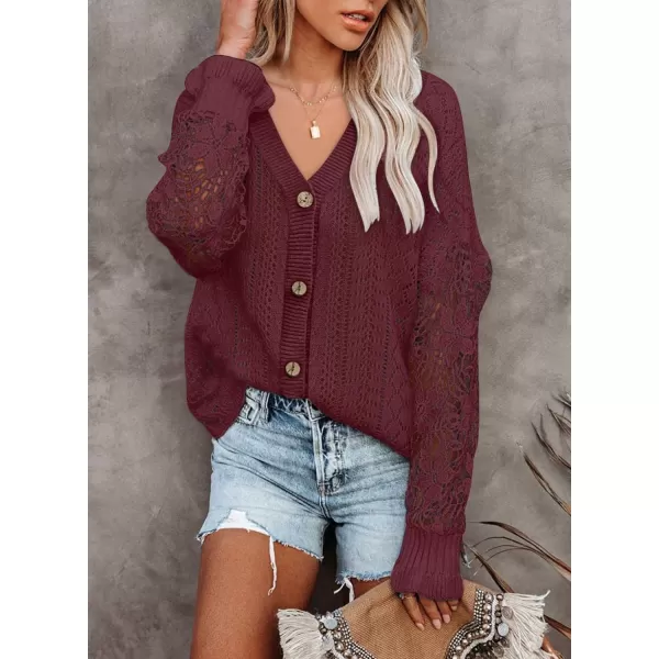 Dokotoo Crochet Lace V Neck Long Sleeve Hollow Out Cable Knit Cardigan for Women Sweaters Tops