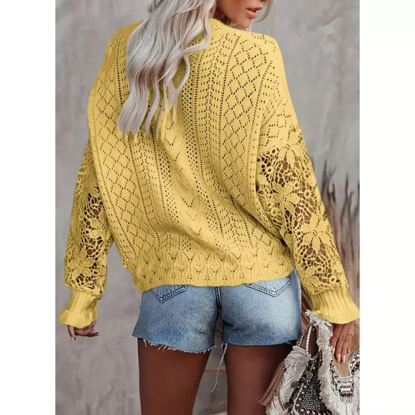 Dokotoo Crochet Lace V Neck Long Sleeve Hollow Out Cable Knit Cardigan for Women Sweaters Tops