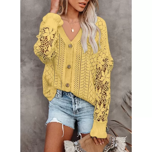 Dokotoo Crochet Lace V Neck Long Sleeve Hollow Out Cable Knit Cardigan for Women Sweaters Tops