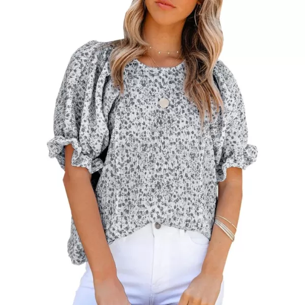Dokotoo Floral Print Blouses for Women Crewneck Smocked Puff Sleeve Shirts Casual Babydoll Tops