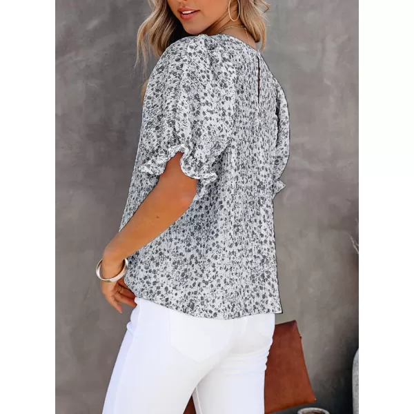 Dokotoo Floral Print Blouses for Women Crewneck Smocked Puff Sleeve Shirts Casual Babydoll Tops
