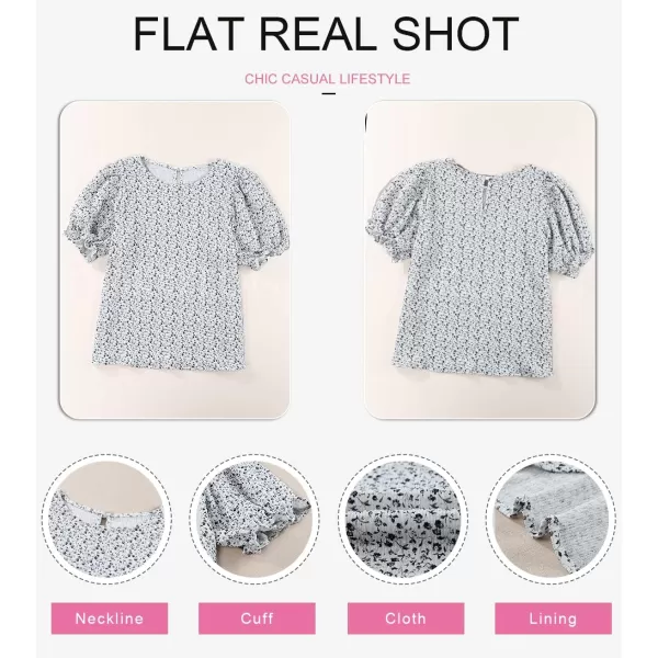 Dokotoo Floral Print Blouses for Women Crewneck Smocked Puff Sleeve Shirts Casual Babydoll Tops