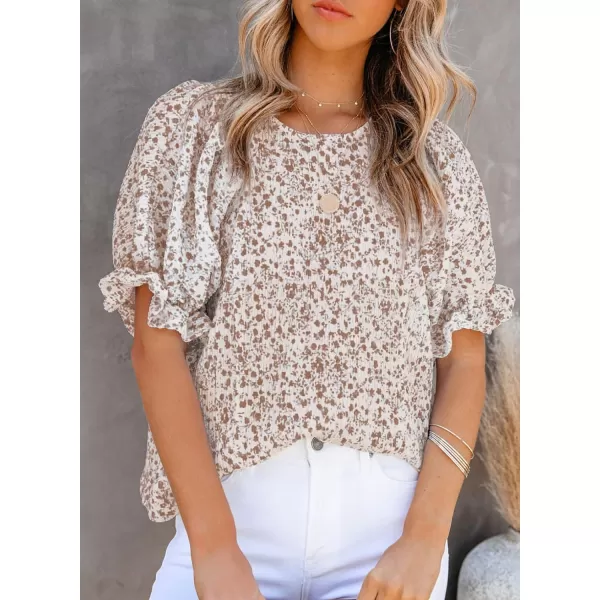 Dokotoo Floral Print Blouses for Women Crewneck Smocked Puff Sleeve Shirts Casual Babydoll Tops