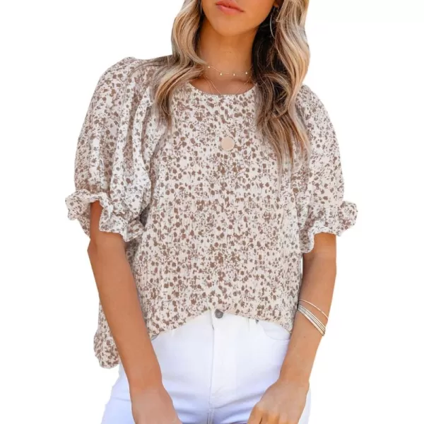 Dokotoo Floral Print Blouses for Women Crewneck Smocked Puff Sleeve Shirts Casual Babydoll Tops