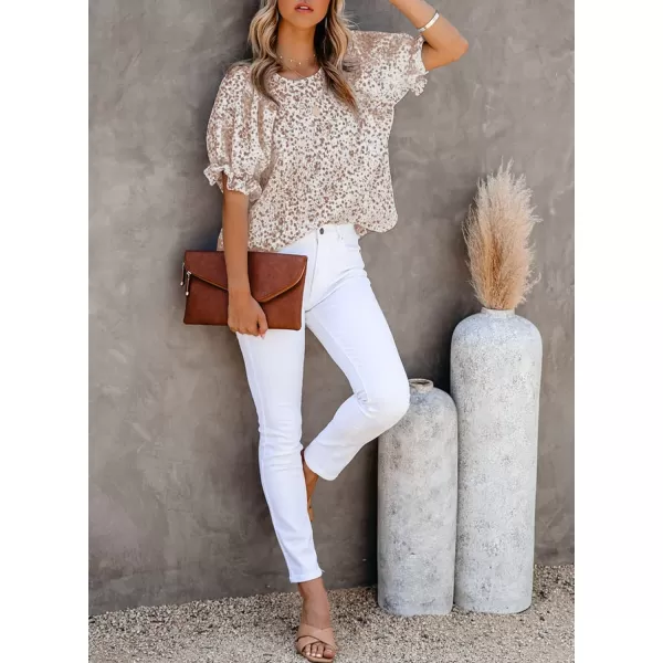 Dokotoo Floral Print Blouses for Women Crewneck Smocked Puff Sleeve Shirts Casual Babydoll Tops