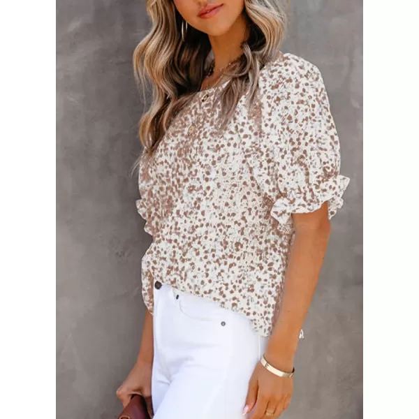Dokotoo Floral Print Blouses for Women Crewneck Smocked Puff Sleeve Shirts Casual Babydoll Tops