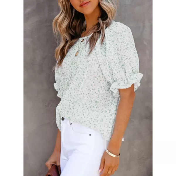 Dokotoo Floral Print Blouses for Women Crewneck Smocked Puff Sleeve Shirts Casual Babydoll Tops