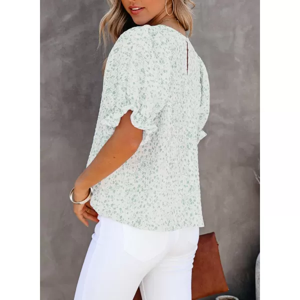 Dokotoo Floral Print Blouses for Women Crewneck Smocked Puff Sleeve Shirts Casual Babydoll Tops