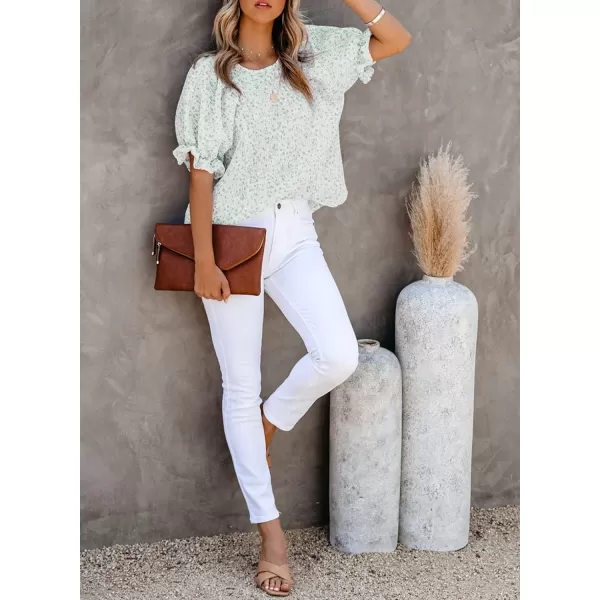 Dokotoo Floral Print Blouses for Women Crewneck Smocked Puff Sleeve Shirts Casual Babydoll Tops