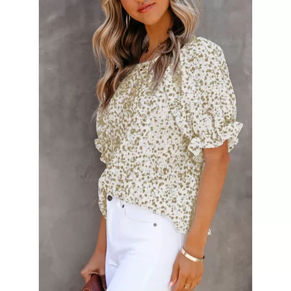 Dokotoo Floral Print Blouses for Women Crewneck Smocked Puff Sleeve Shirts Casual Babydoll Tops