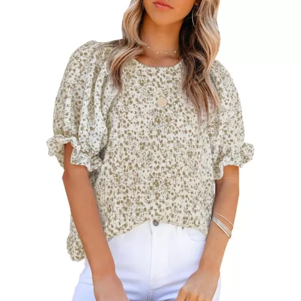 Dokotoo Floral Print Blouses for Women Crewneck Smocked Puff Sleeve Shirts Casual Babydoll Tops