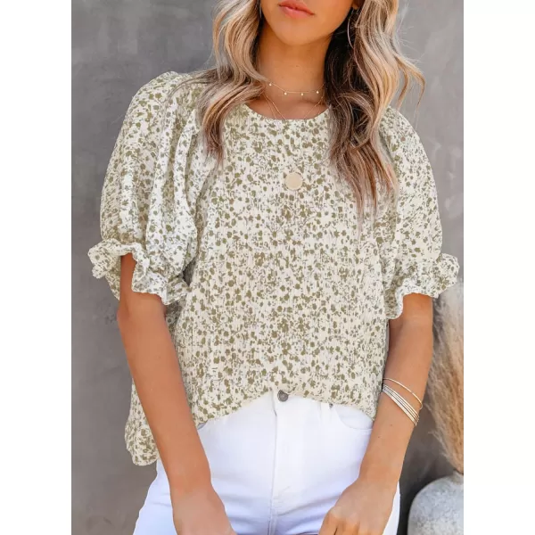 Dokotoo Floral Print Blouses for Women Crewneck Smocked Puff Sleeve Shirts Casual Babydoll Tops