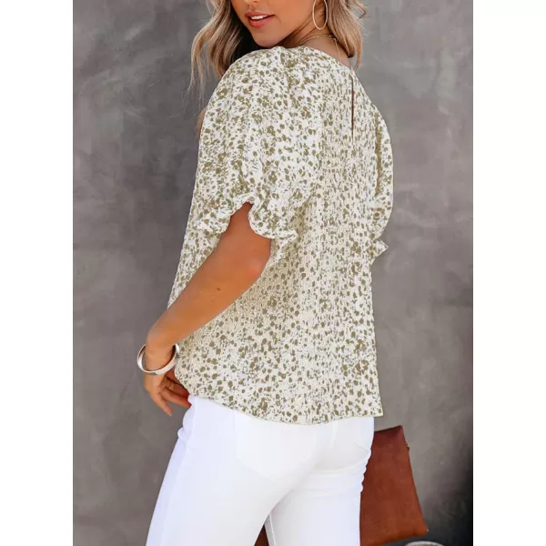 Dokotoo Floral Print Blouses for Women Crewneck Smocked Puff Sleeve Shirts Casual Babydoll Tops