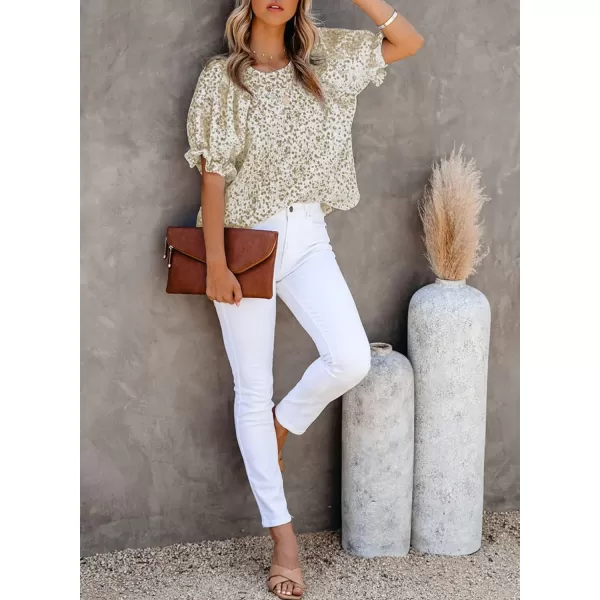 Dokotoo Floral Print Blouses for Women Crewneck Smocked Puff Sleeve Shirts Casual Babydoll Tops