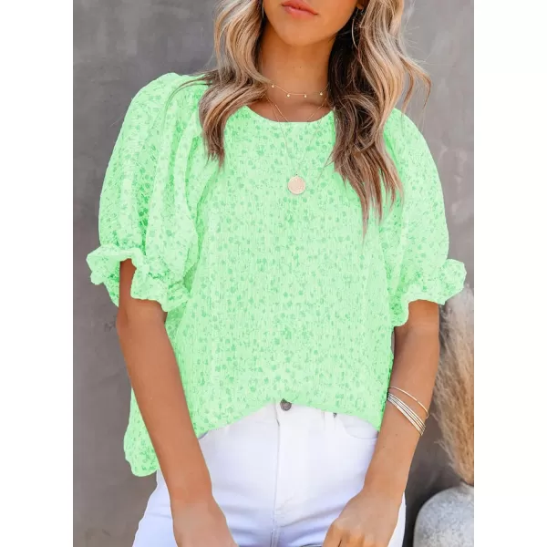 Dokotoo Floral Print Blouses for Women Crewneck Smocked Puff Sleeve Shirts Casual Babydoll Tops